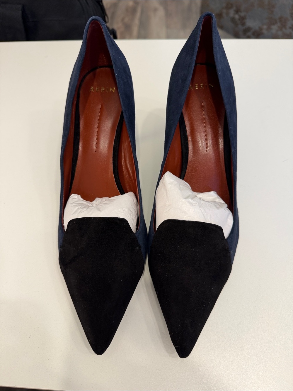 AERIN Navy and Black Suede Pointed Toe Pumps